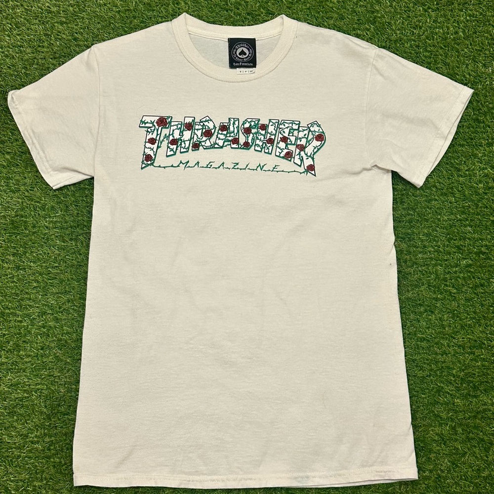 Thrasher Magazine Floral Logo Tee - White - Size S 🌹🔥 Vintage-Inspired